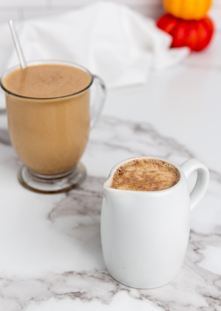 dairy free homemade pumpkin spice creamer in white pitcher