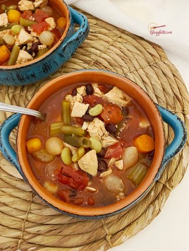 ceramic bowls filled with chicken and vegetable soup